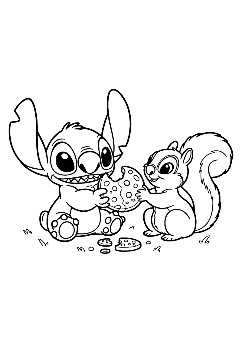 Stitch deelt koekje met eekhoorn kleurplaat — gratis kleurplaat