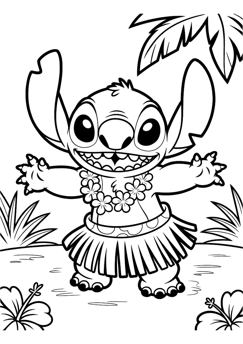 Stitch in hawaii hula-kostuum kleurplaat — gratis kleurplaat printen