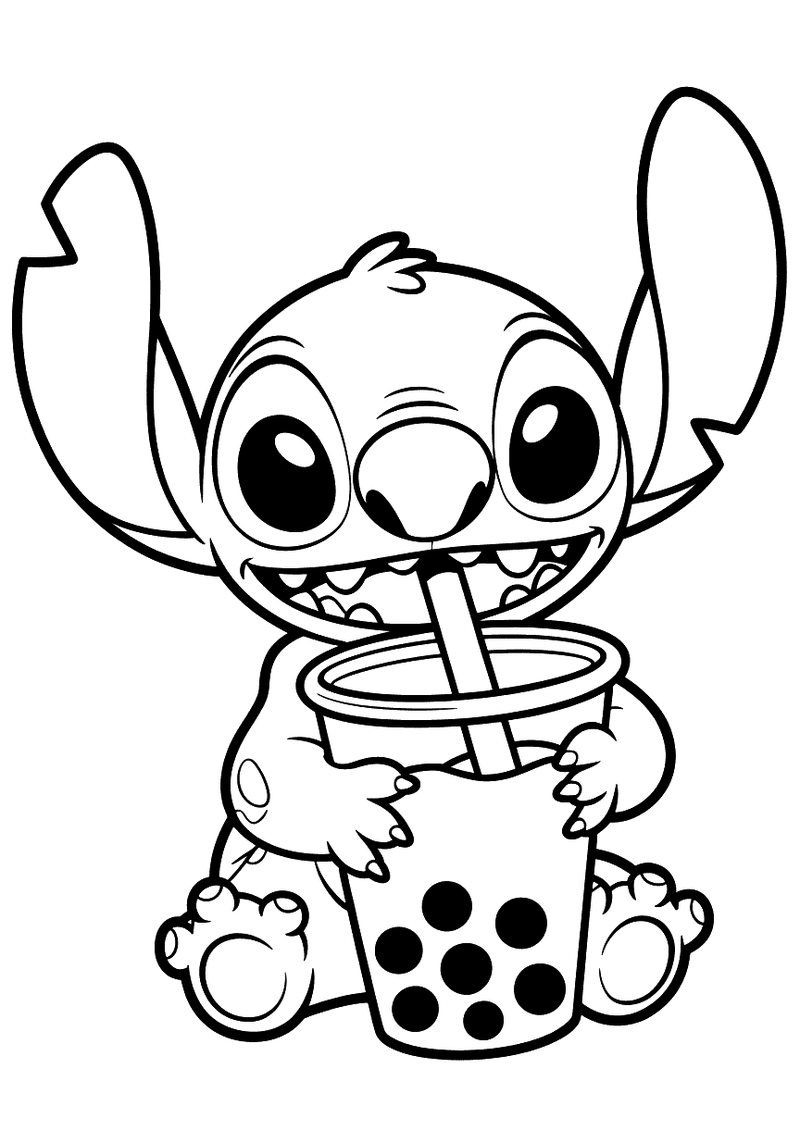 Stitch drinkt boba-thee kleurplaat — gratis kleurplaat printen