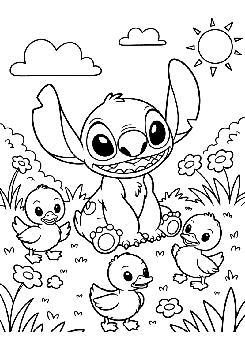 Stitch met eendjes kleurplaat — gratis kleurplaat printen