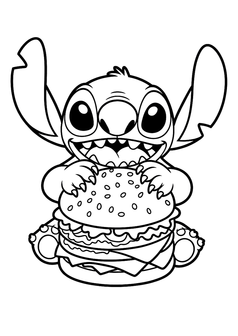 Stitch verorberd een hamburger kleurplaat — gratis kleurplaat printen