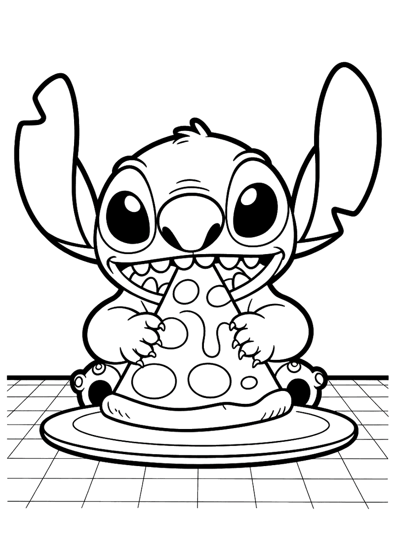 Stitch eet pizza kleurplaat — gratis kleurplaat printen
