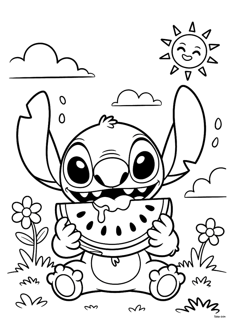 Stitch met watermeloen kleurplaat — gratis kleurplaat printen