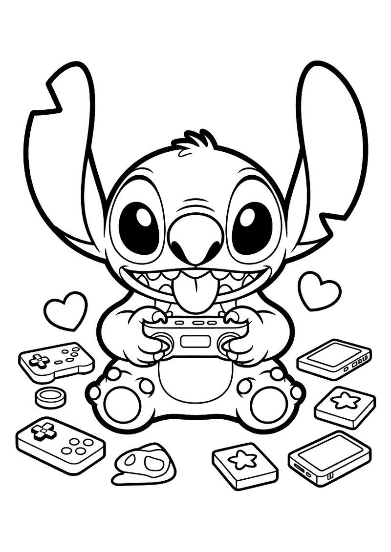 Stitch als gamer kleurplaat — gratis kleurplaat