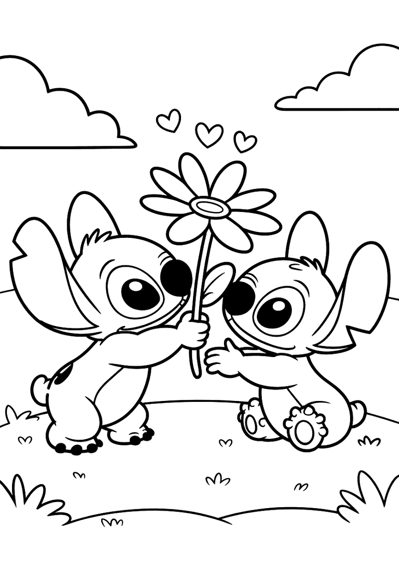 Stitch geeft Angel een bloem kleurplaat — gratis kleurplaat printen