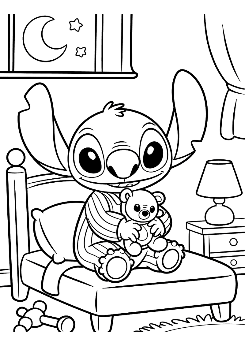 Stitch in zijn gezellige slaapkamer kleurplaat — gratis kleurplaat printen