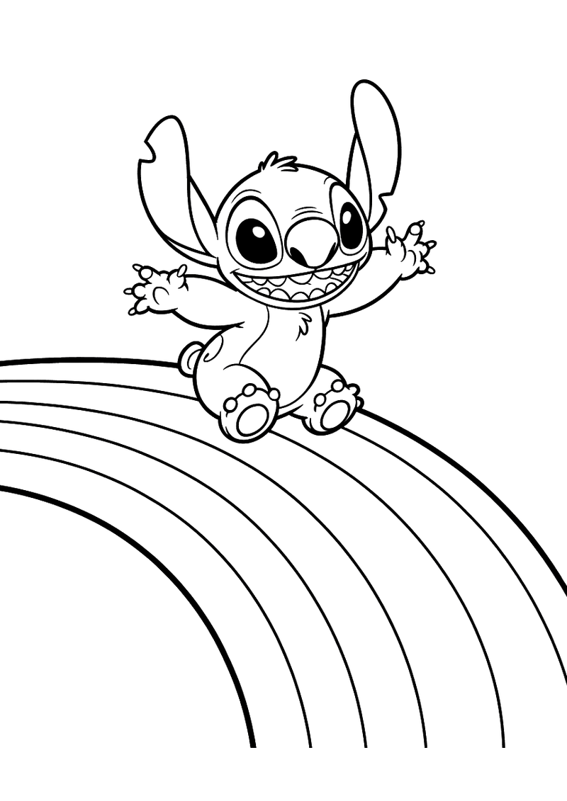 Stitch glijdt van regenboog kleurplaat — gratis kleurplaat printen