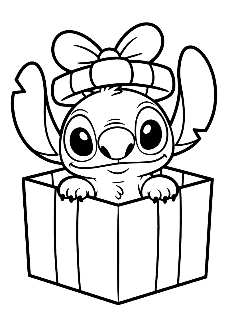 Stitch in cadeaudoos kleurplaat — gratis kleurplaat printen