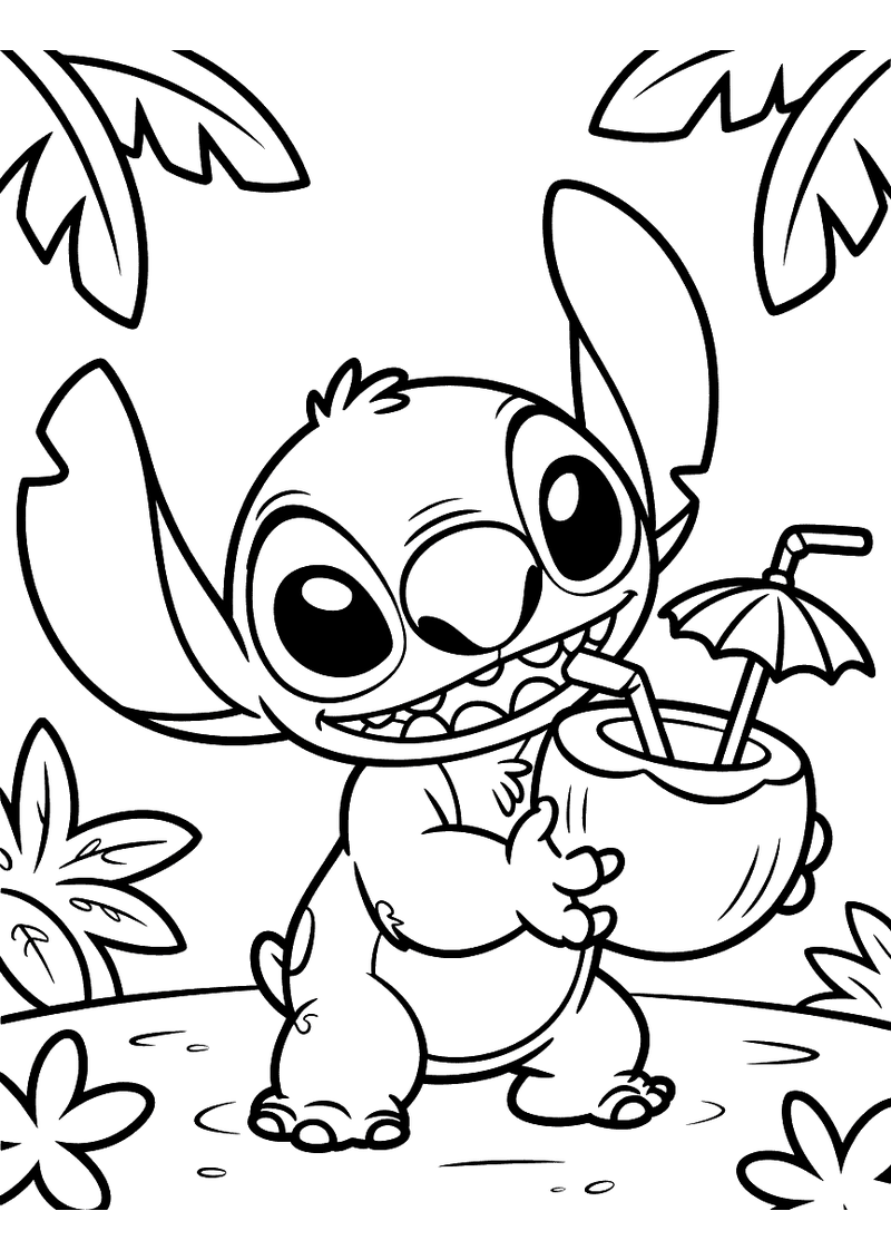 Stitch drinkt van een kokosnoot kleurplaat — gratis kleurplaat printen