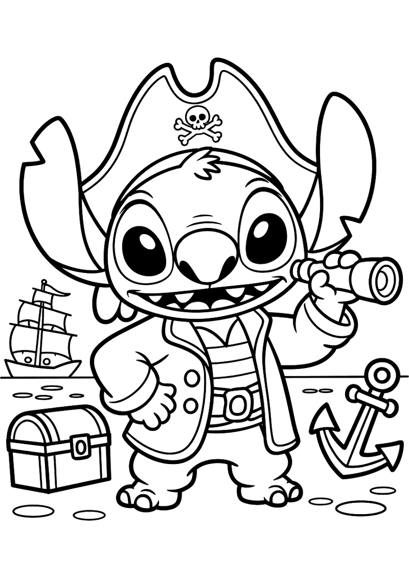 Stitch als piratenkapitein kleurplaat — gratis kleurplaat