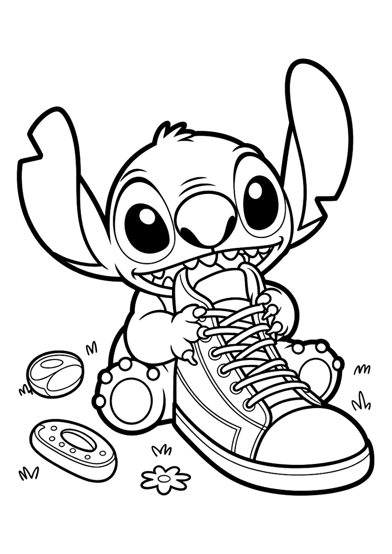 Stitch kauwt op een schoen kleurplaat — gratis kleurplaat printen
