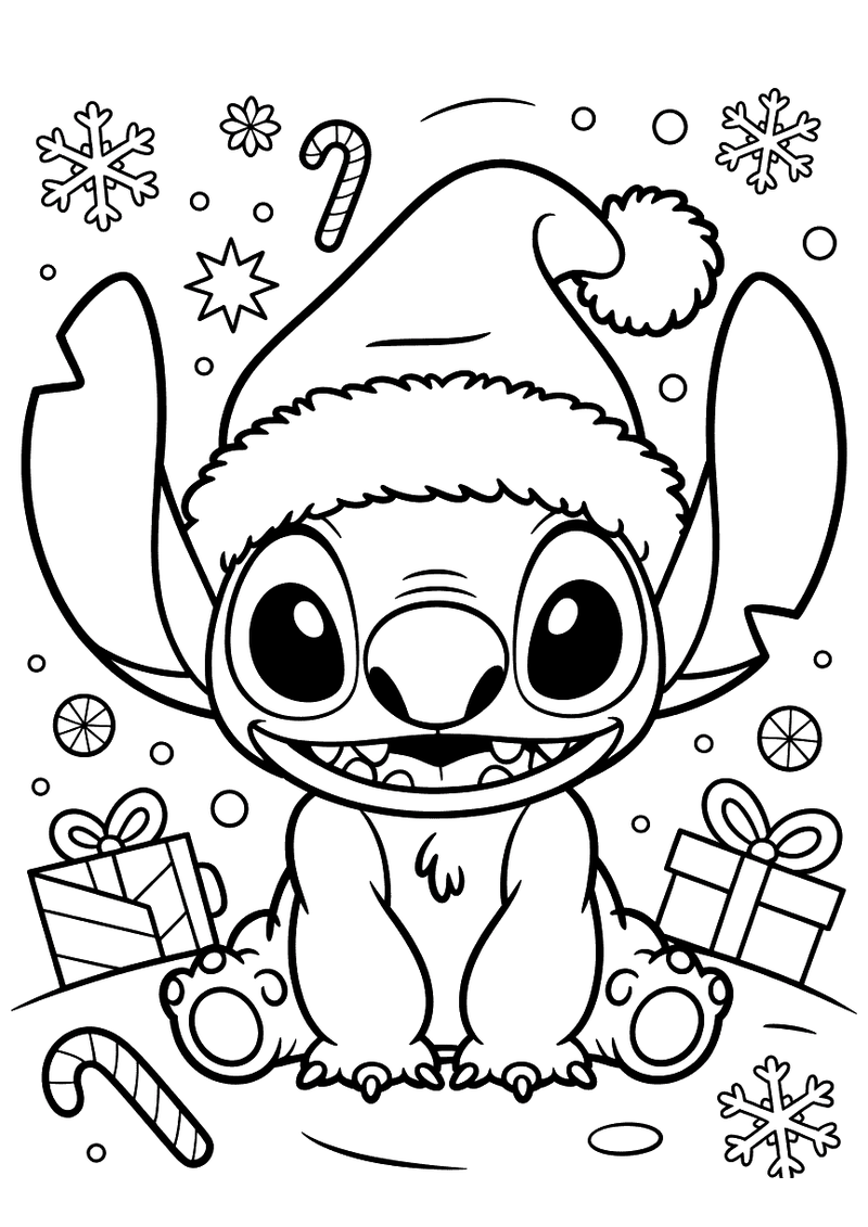 Stitch met kerstmuts kleurplaat — gratis kleurplaat printen