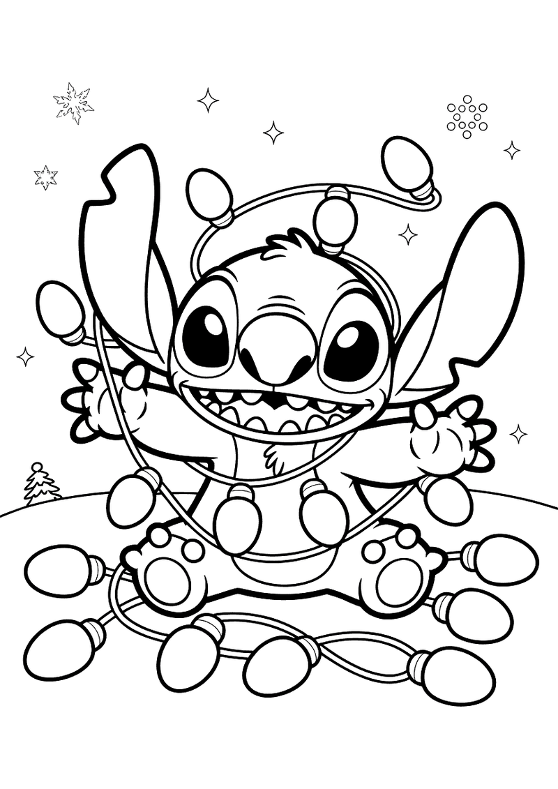 Stitch verstrikt in kerstlichtjes kleurplaat — gratis kleurplaat printen