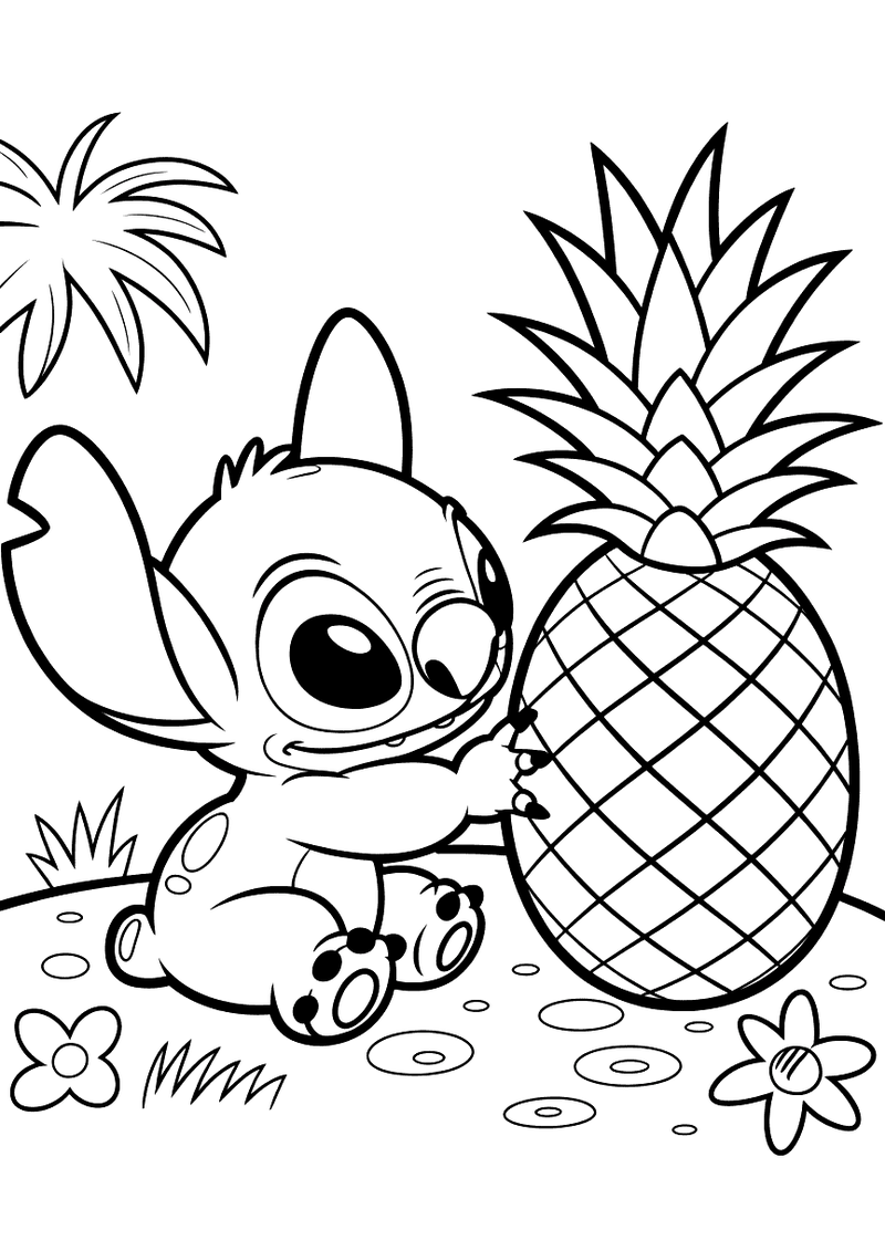 Stitch en de ananas kleurplaat — gratis kleurplaat printen