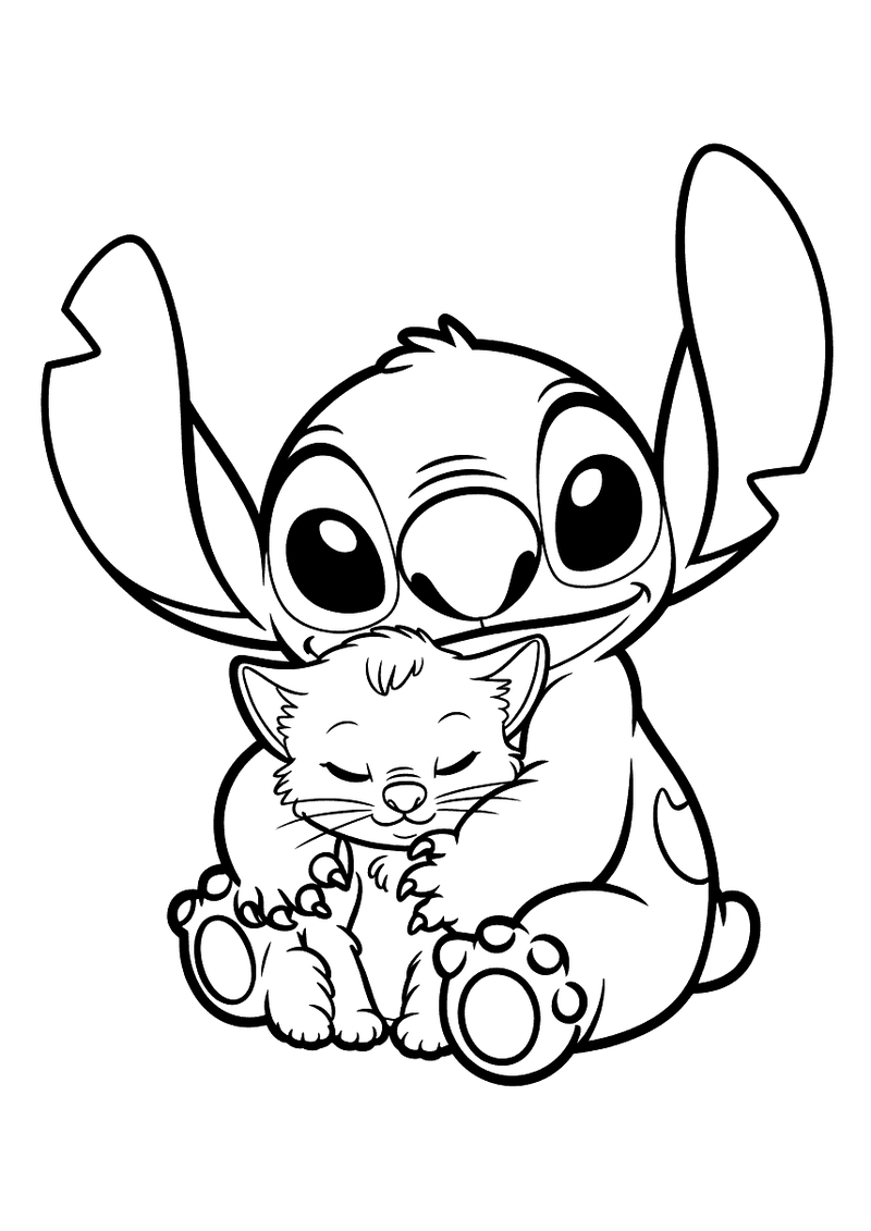 Stitch knuffelt katje kleurplaat — gratis kleurplaat printen