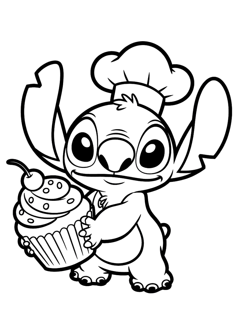 Stitch als kok met cupcake kleurplaat — gratis kleurplaat