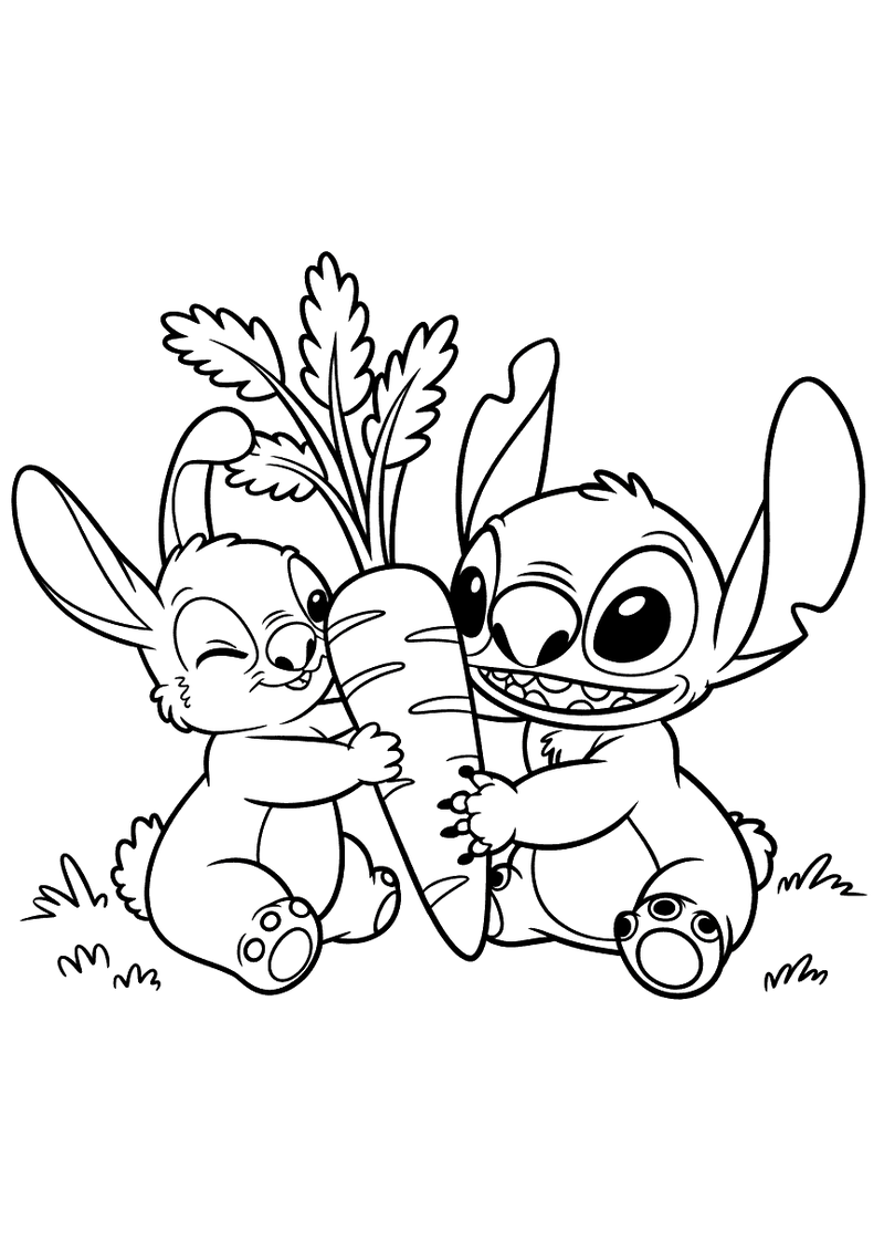 Stitch en konijn met wortel kleurplaat — gratis kleurplaat printen