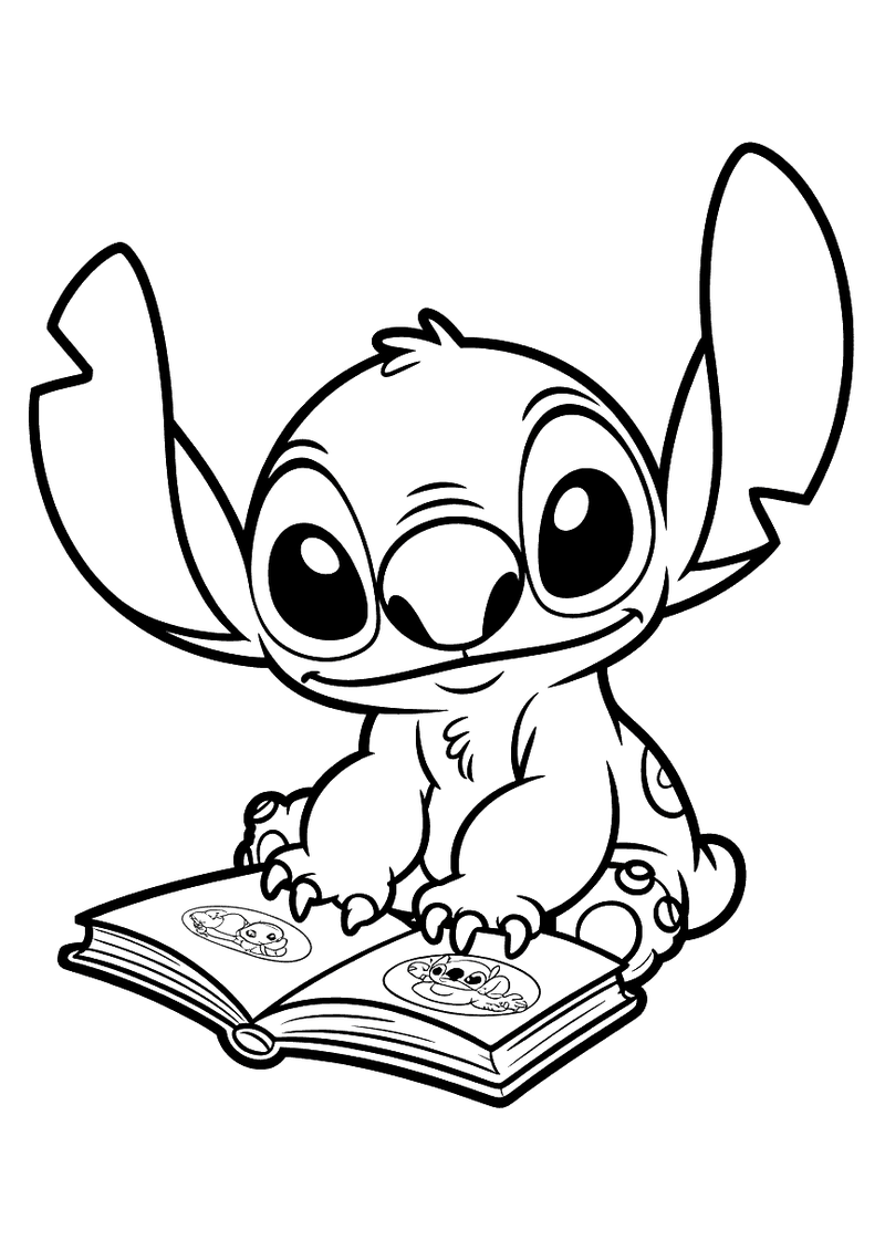 Stitch leest boek kleurplaat — gratis kleurplaat printen
