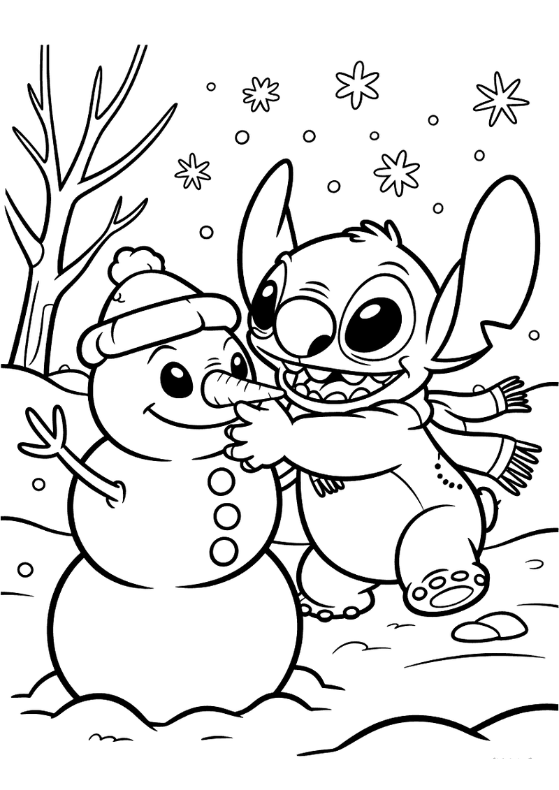 Stitch maakt sneeuwpop kleurplaat — gratis kleurplaat printen