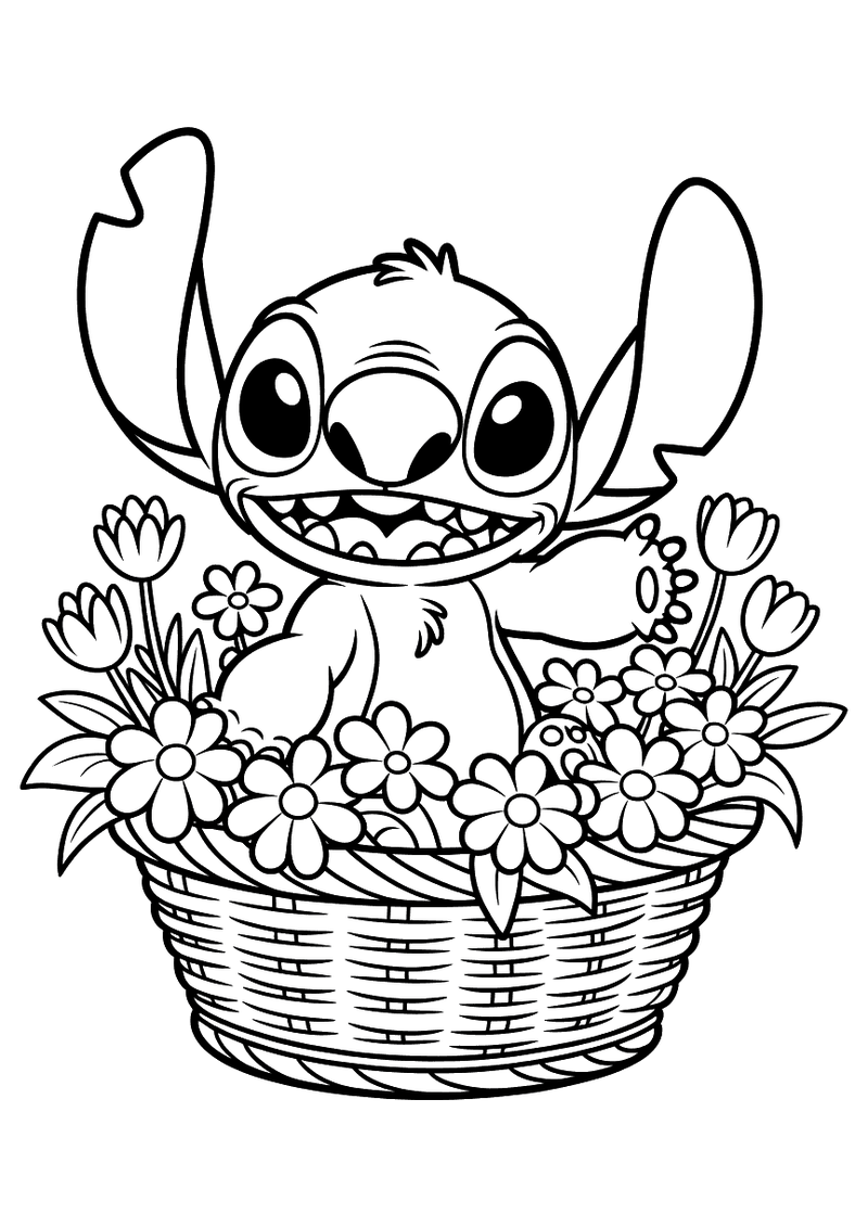 Stitch in bloemenmand kleurplaat — gratis kleurplaat printen