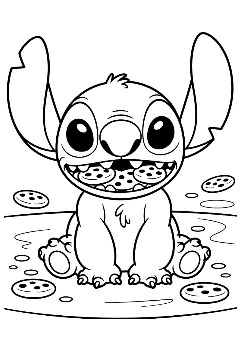 Stitch met mond vol koekjes kleurplaat — gratis kleurplaat printen