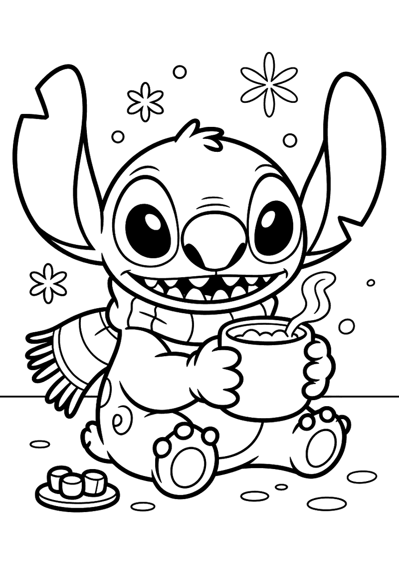Stitch met warme chocolade kleurplaat — gratis kleurplaat printen
