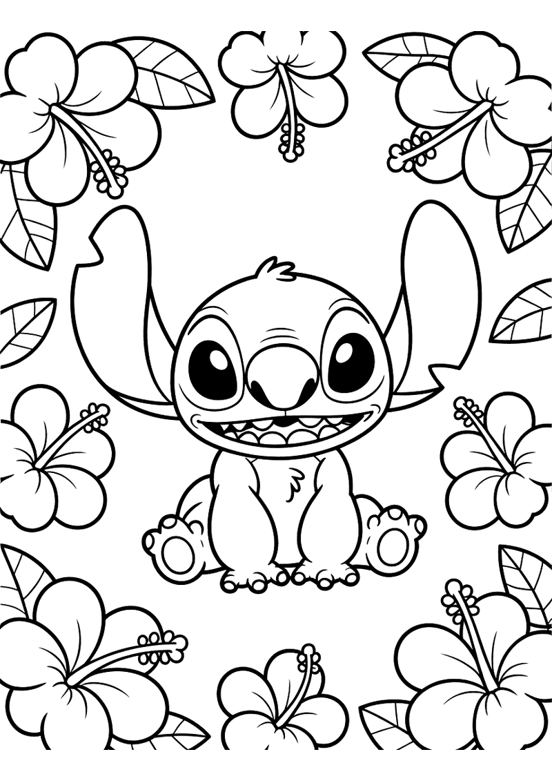 Stitch tussen de hibiscusbloemen kleurplaat — gratis kleurplaat printen
