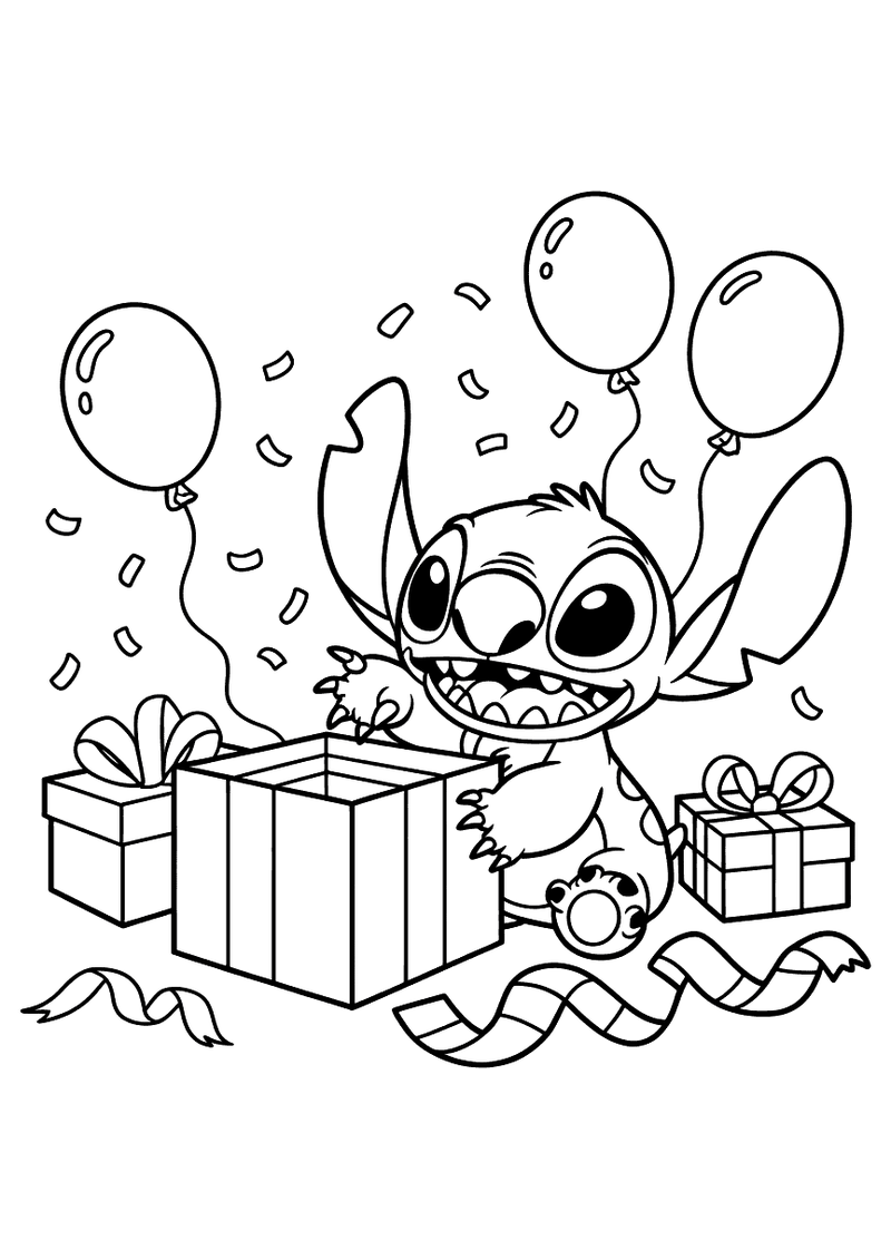 Stitch opent cadeaus kleurplaat — gratis kleurplaat printen