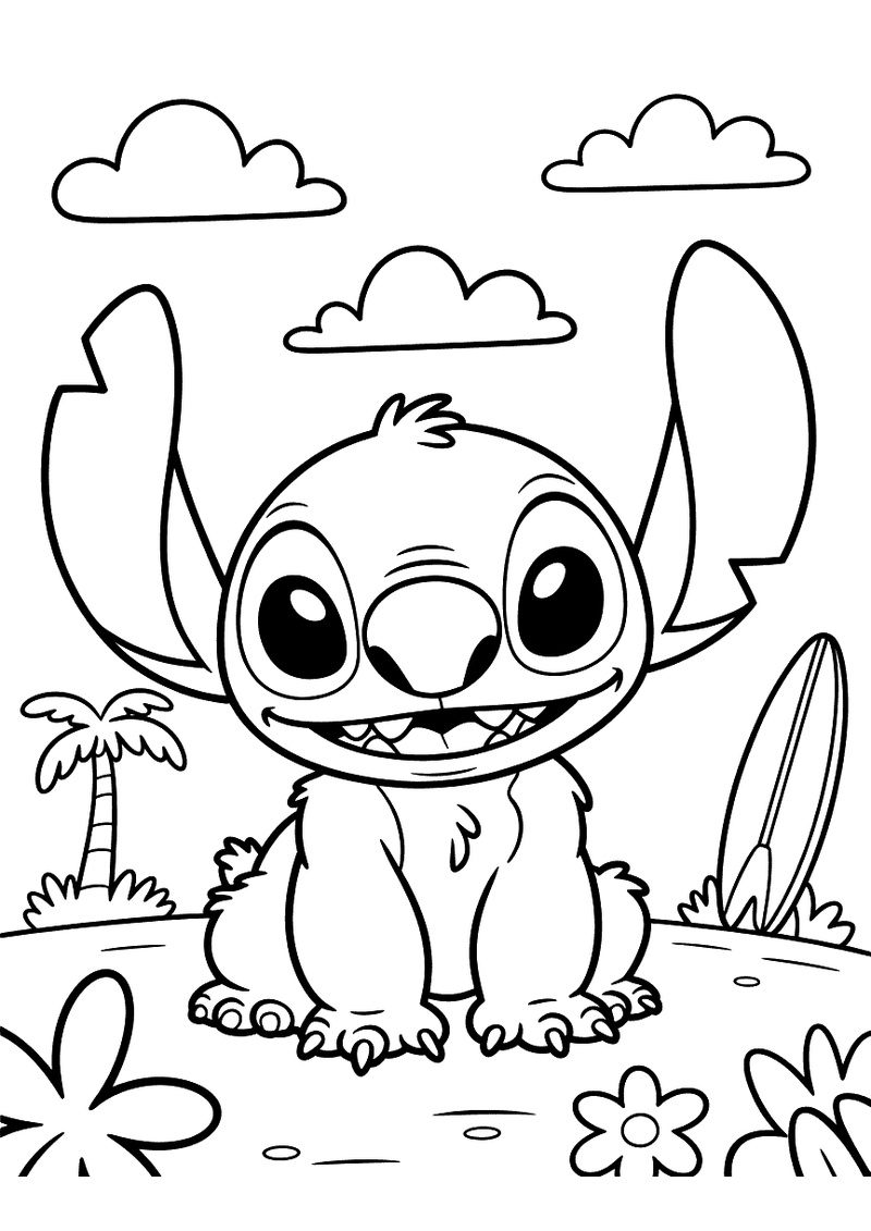 Stitch op het hawaiiaanse strand kleurplaat — gratis kleurplaat printen