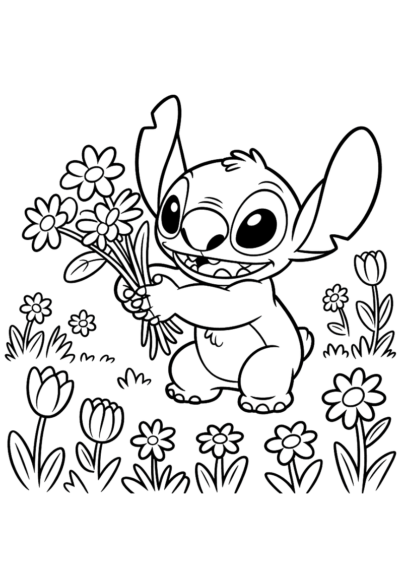 Stitch plukt bloemen kleurplaat — gratis kleurplaat printen