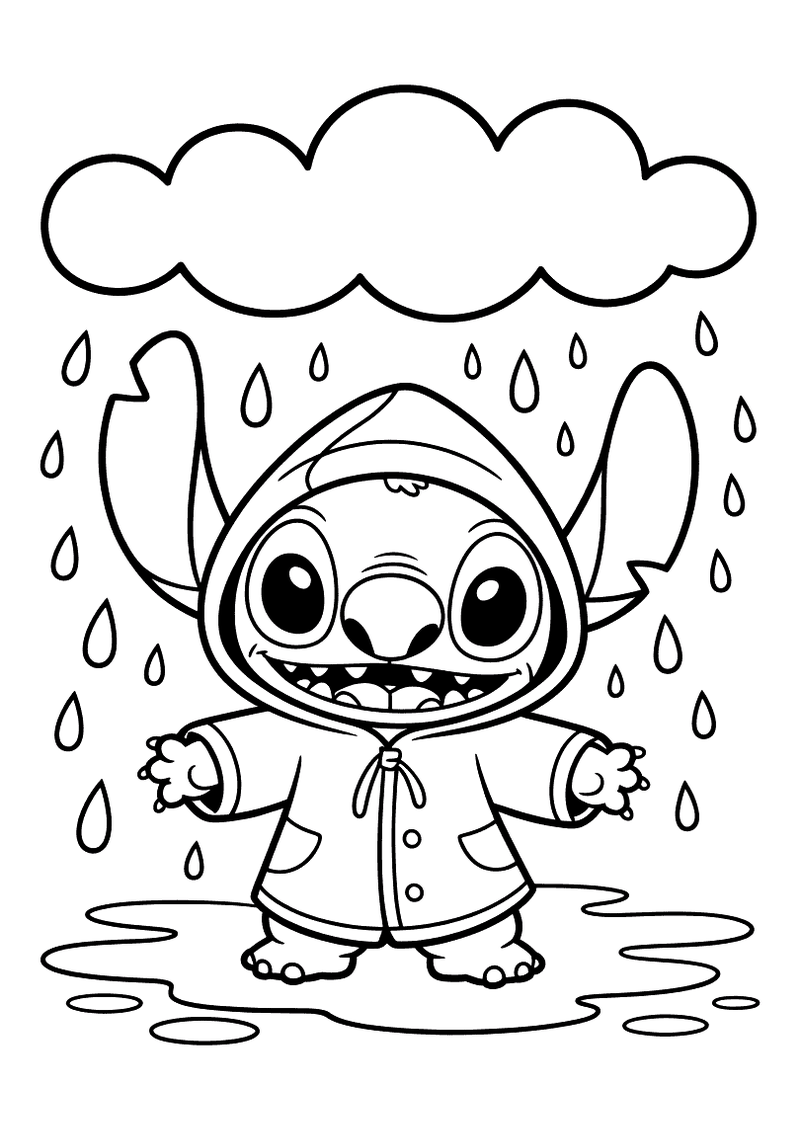 Stitch in regenjas kleurplaat — gratis kleurplaat printen