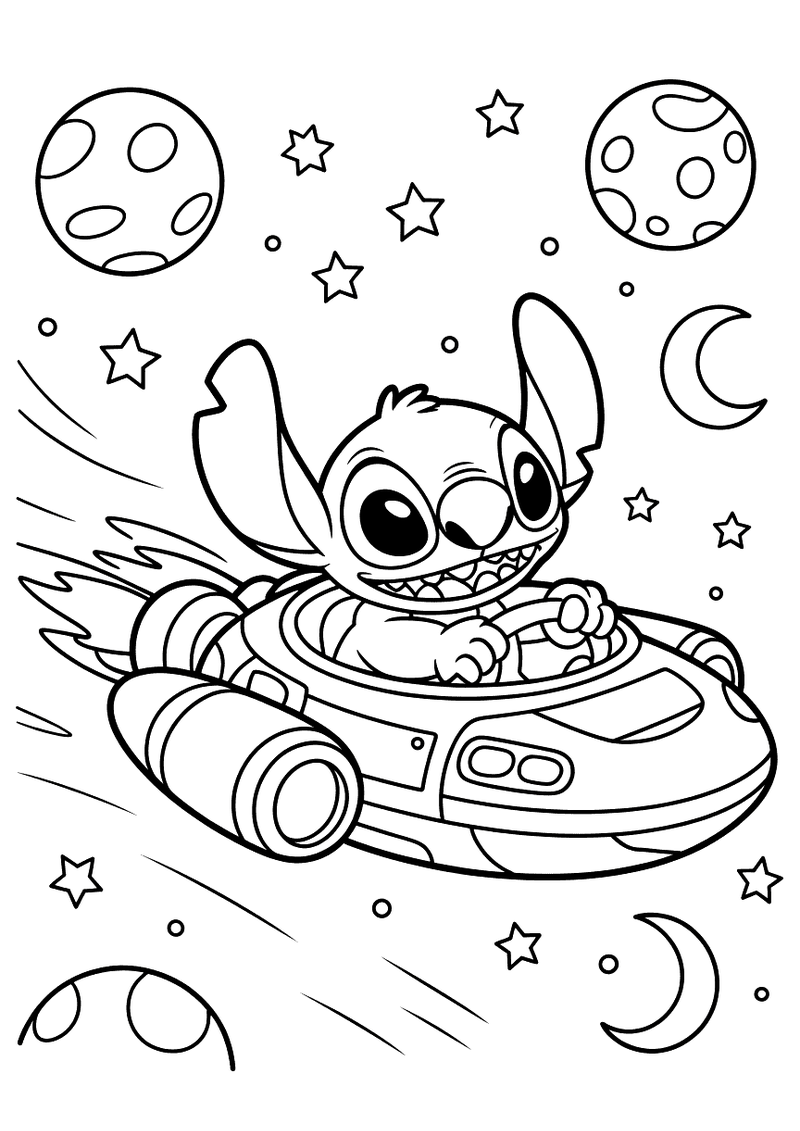 Stitch in zijn ruimtecruiser kleurplaat — gratis kleurplaat printen
