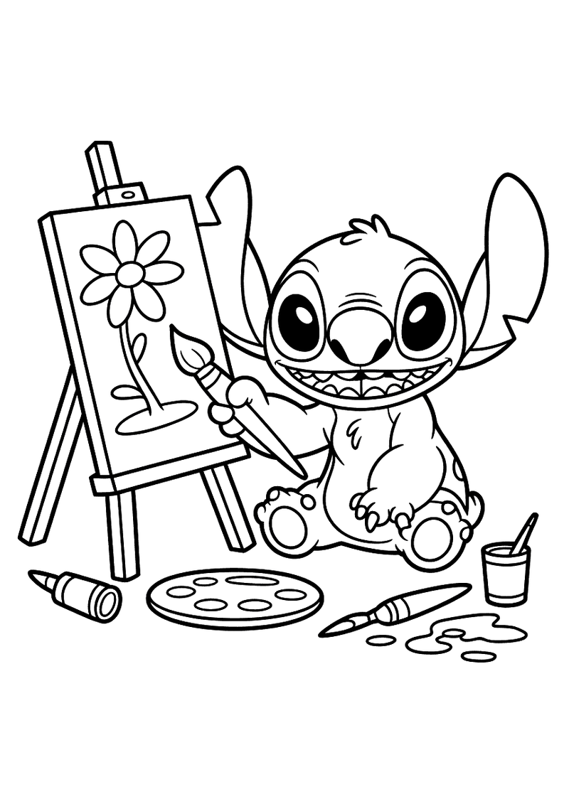 Stitch schildert een bloem kleurplaat — gratis kleurplaat printen