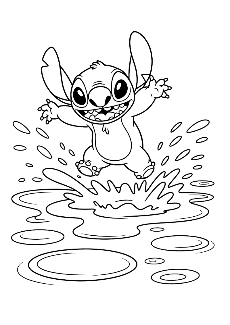 Stitch springt in regenplassen kleurplaat — gratis kleurplaat printen
