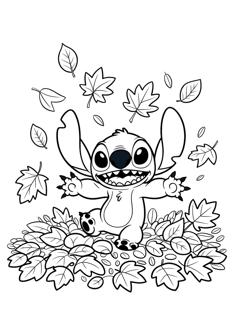 Stitch met herfstbladeren kleurplaat — gratis kleurplaat printen