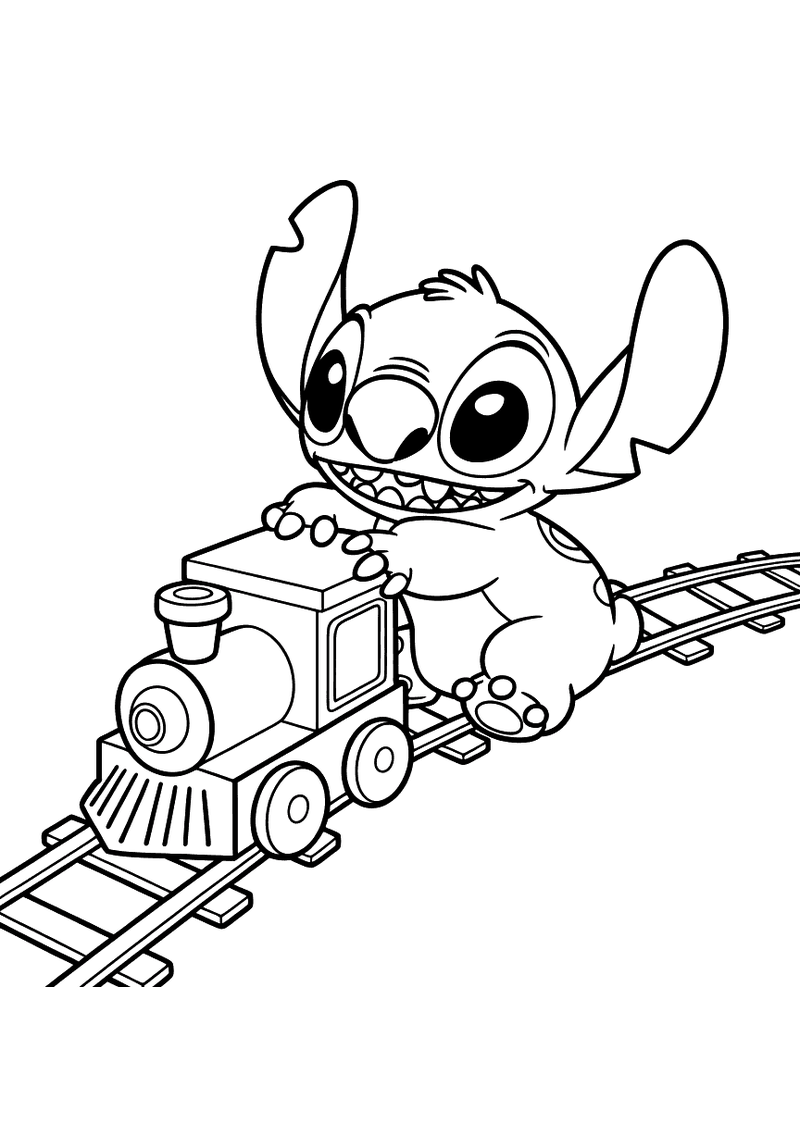 Stitch met speelgoedtrein kleurplaat — gratis kleurplaat printen