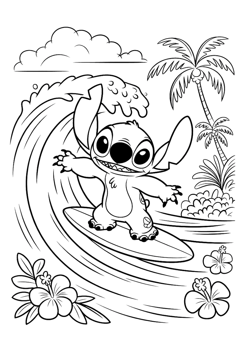 Stitch surft op hawaii kleurplaat — gratis kleurplaat printen