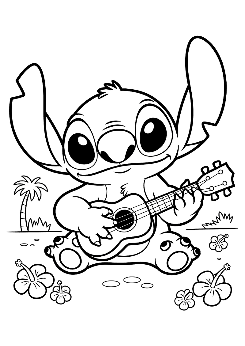 Stitch speelt ukelele op het strand kleurplaat — gratis kleurplaat printen