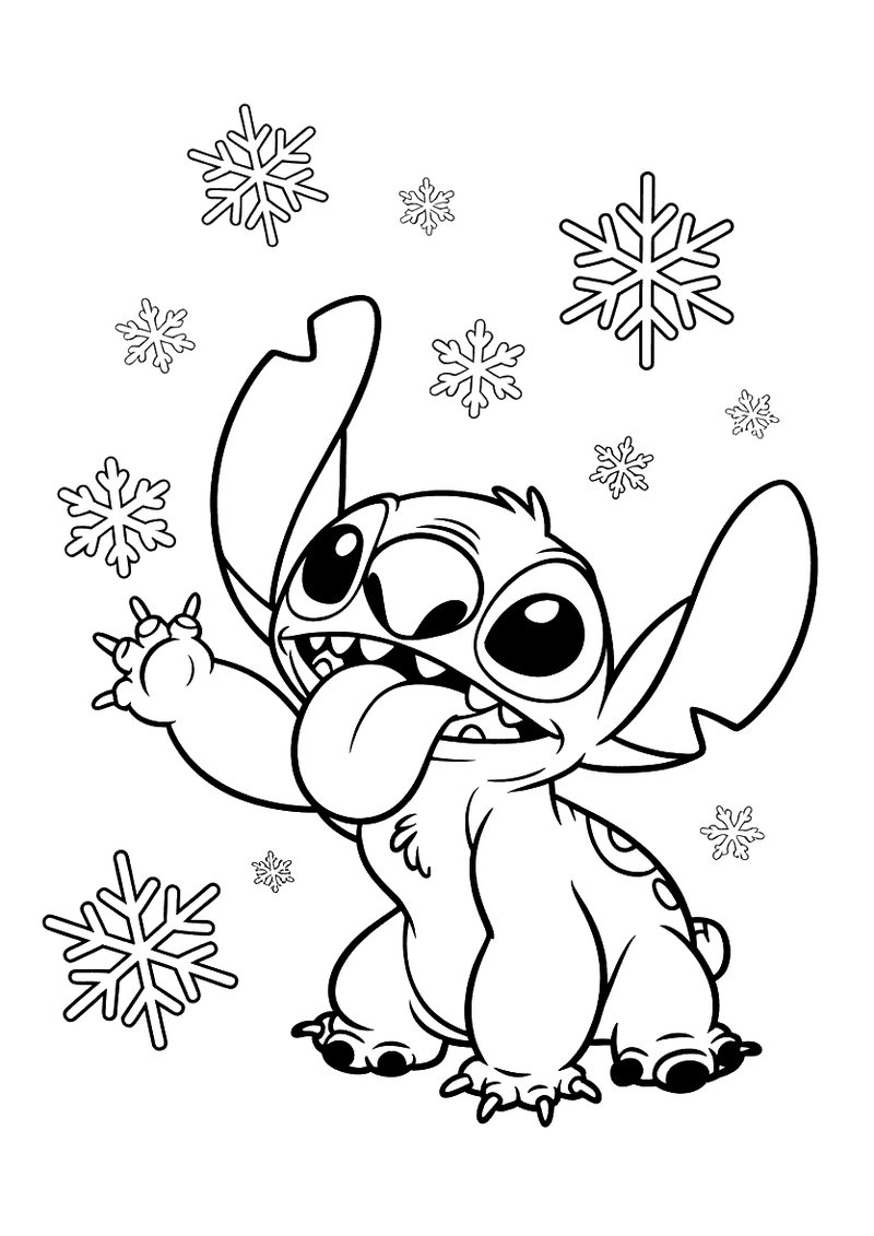 Stitch vangt sneeuwvlokken kleurplaat — gratis kleurplaat printen