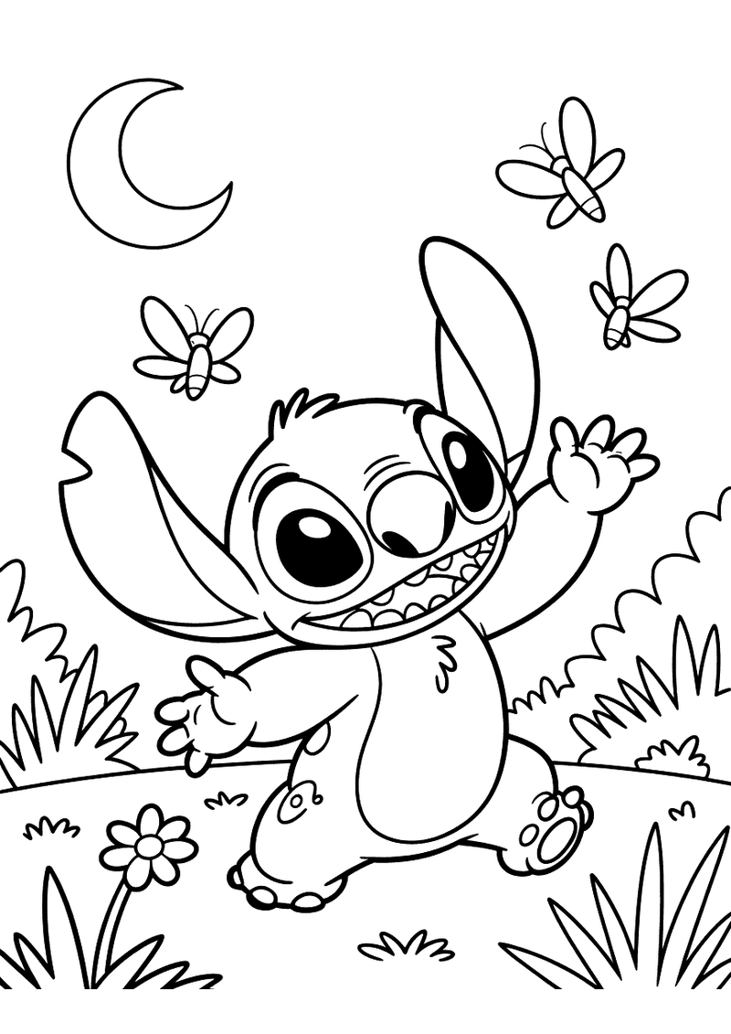 Stitch vangt vuurvliegjes kleurplaat — gratis kleurplaat printen