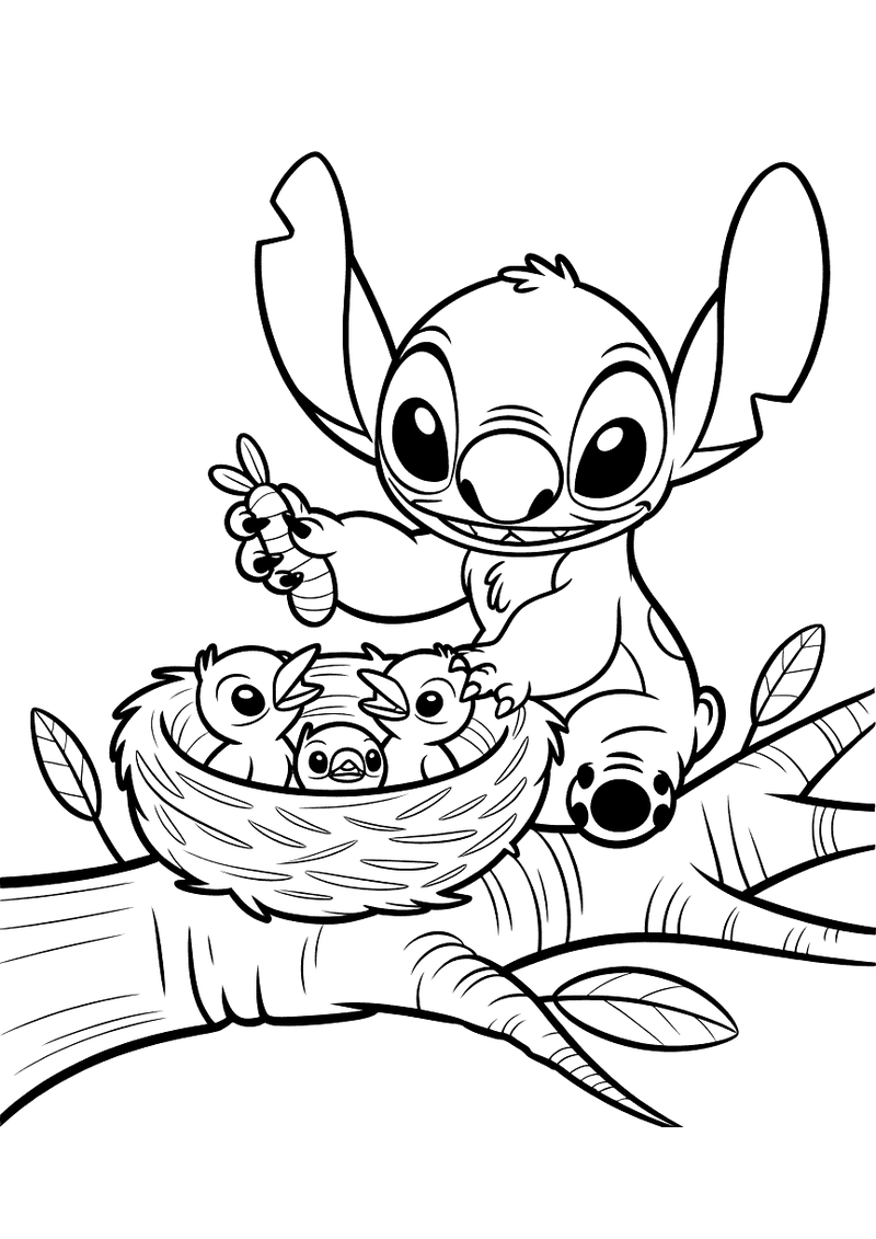 Stitch voedt babyvogels kleurplaat — gratis kleurplaat printen