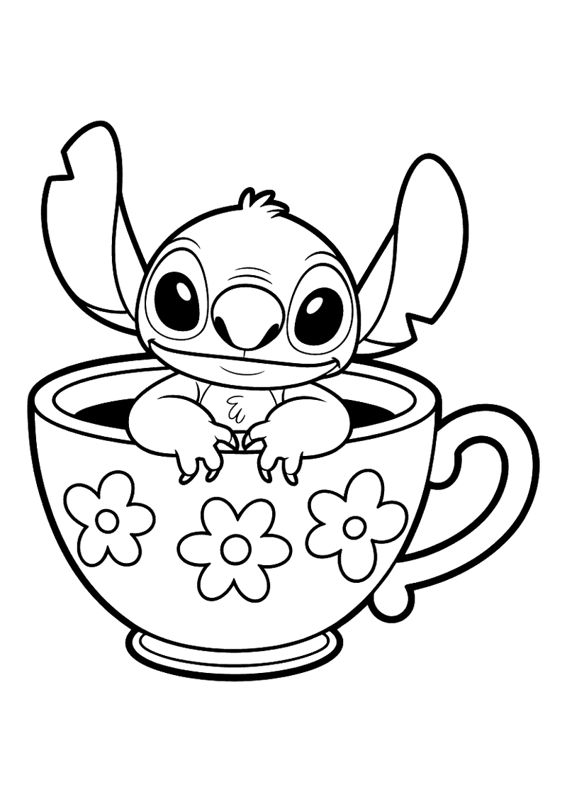 Stitch in een theekopje kleurplaat — gratis kleurplaat printen