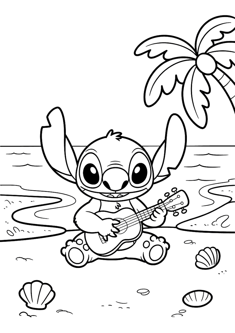 Stitch Speelt Ukelele op Strand Kleurplaat — gratis kleurplaat printen