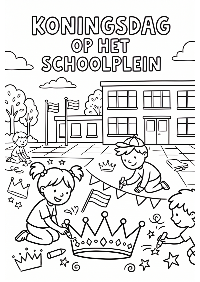 Stoepkrijten op het Schoolplein Koningsdag Kleurplaat — gratis kleurplaat printen