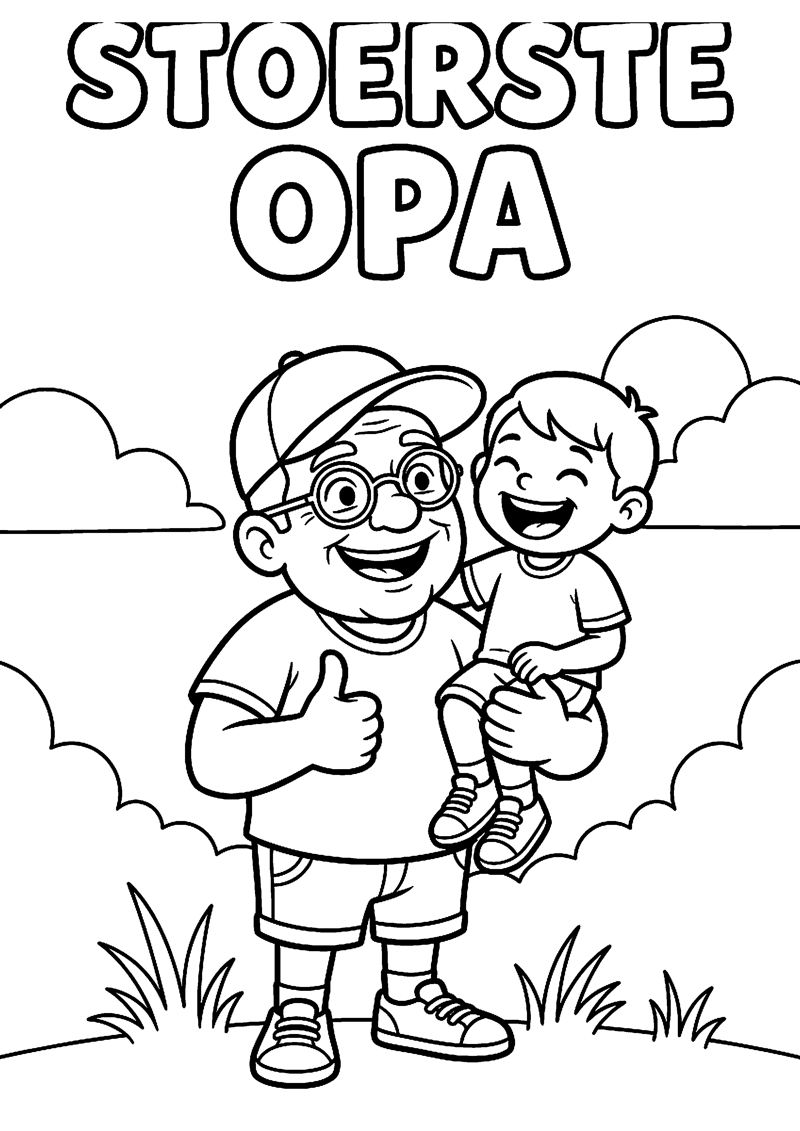 Stoere Opa met Pet en Bril met Blij Kind met Tekst Stoerste Opa Opa Kleurplaat — gratis kleurplaat
