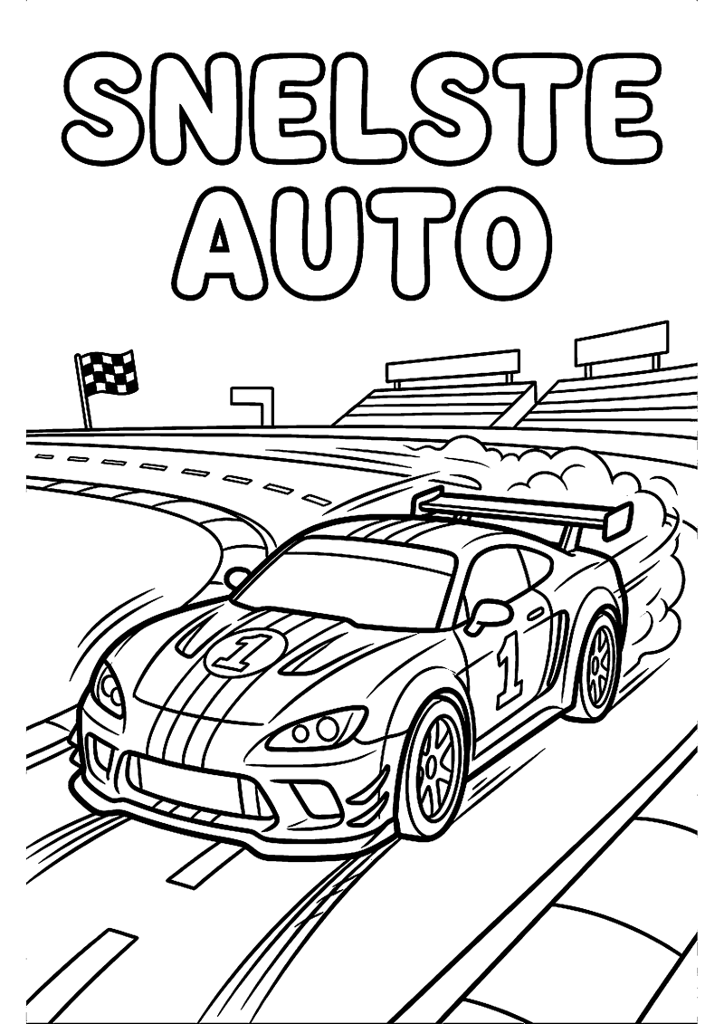 Stoere Raceauto met Actie Lijnen en Simpel Circuit met Tekst Snelste Auto Formule 1 Kleurplaat — gratis kleurplaat printen