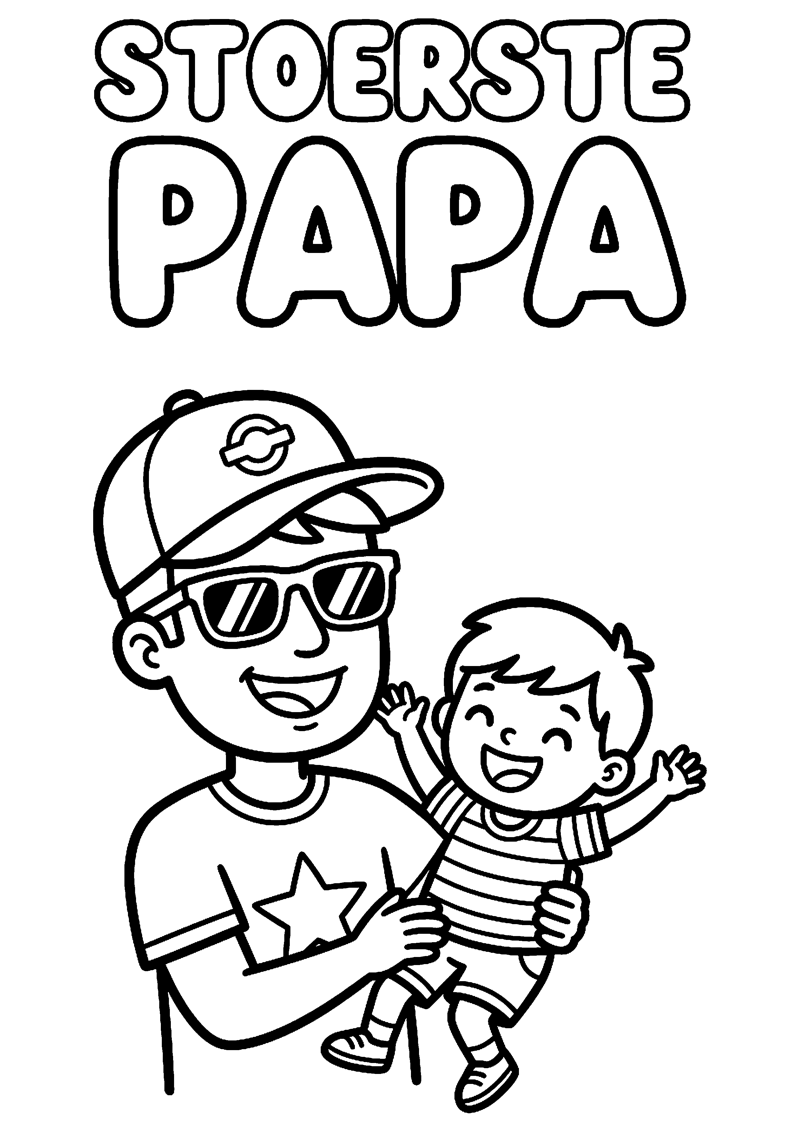 Stoere Vader met Zonnebril en Pet met Blij Kind met Tekst Stoerste Papa Vaderdag Kleurplaat — gratis kleurplaat
