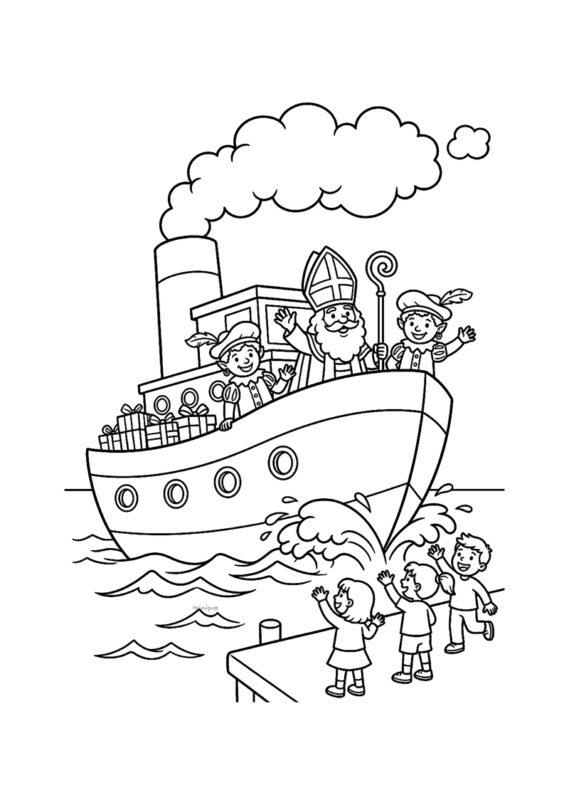Kleurplaat van Sinterklaas en Pieten op de stoomboot vol pakjes met drie zwaaiende kinderen op de kade