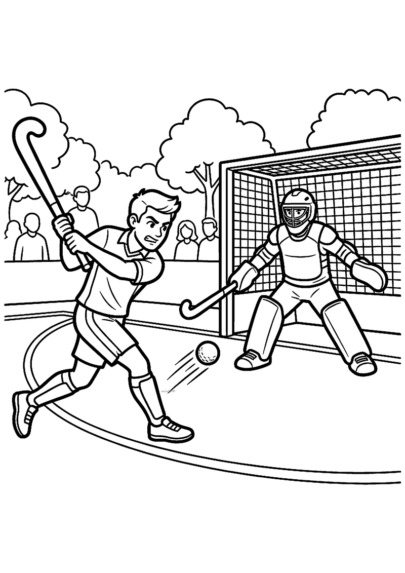 Kleurplaat van een hockeyspeler die de bal hard op het doel slaat terwijl de keeper klaarstaat, met publiek erachter