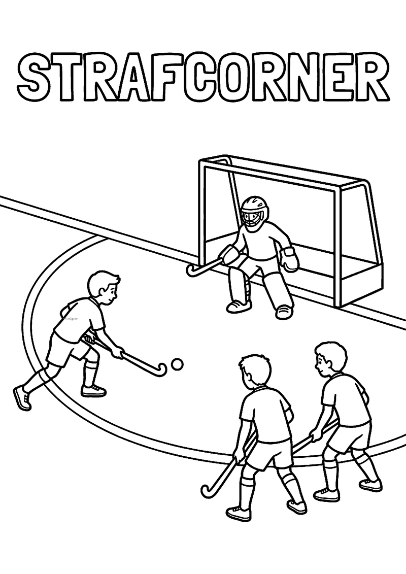Kleurplaat van een strafcorner met drie hockeyspelers rond de cirkel en een keeper in het doel, tekst Strafcorner